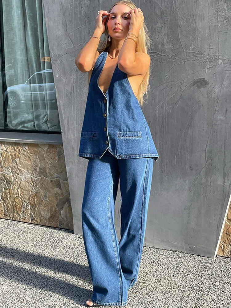 TARUXY Baggy Denim Pant Sets Women Sexy Backless Lace Up Tops For Woman Summer Street Fashion Jeans 2 Piece Suit Womens Outifits
TARUXY Baggy Denim Pant Sets Women Sexy Backless Lace Up Tops For Woman Summer Street Fashion Jeans 2 Piece Suit Womens Outifits