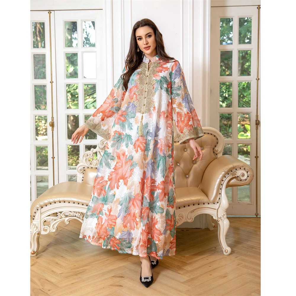 

Eid Mubarak Muslim Women Print Maxi Dress Dubai Turkey Abaya Kaftan Marocain Gulf Jalabiya Ramadan Islamic Clothing Robe Abayas