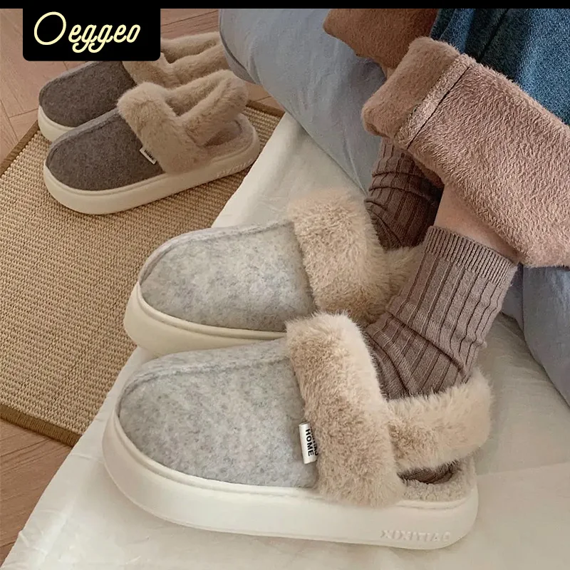 

oeggeo shop Outdoor thermal flat shoes indoor plush thick sole cotton sandals Women's winter Warm cotton-padded shoes