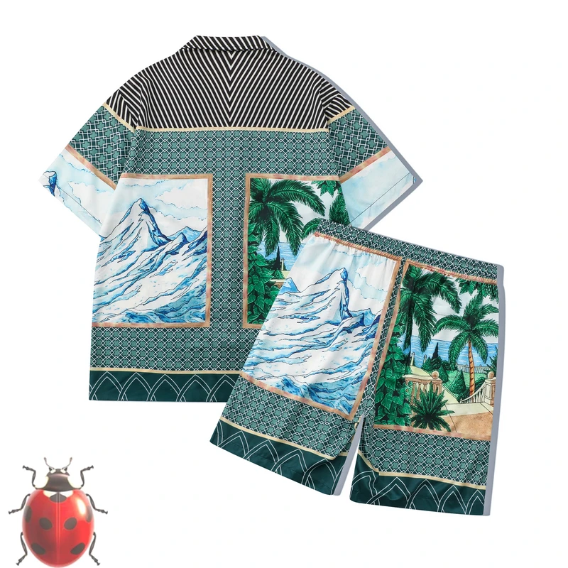 

Stripe Splic Iceberg Coconut Tree Print Shorts Shirt Set High Quality Men Women Loose Hawaii Beach Holiday Seaside Surf Suit
