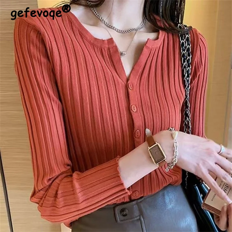 

Women Trendy Solid O Neck Ribbed Button Knitted Cardigans Female Casual Long Sleeve Slim Basic Sweater Fall Winter Ropa De Mujer