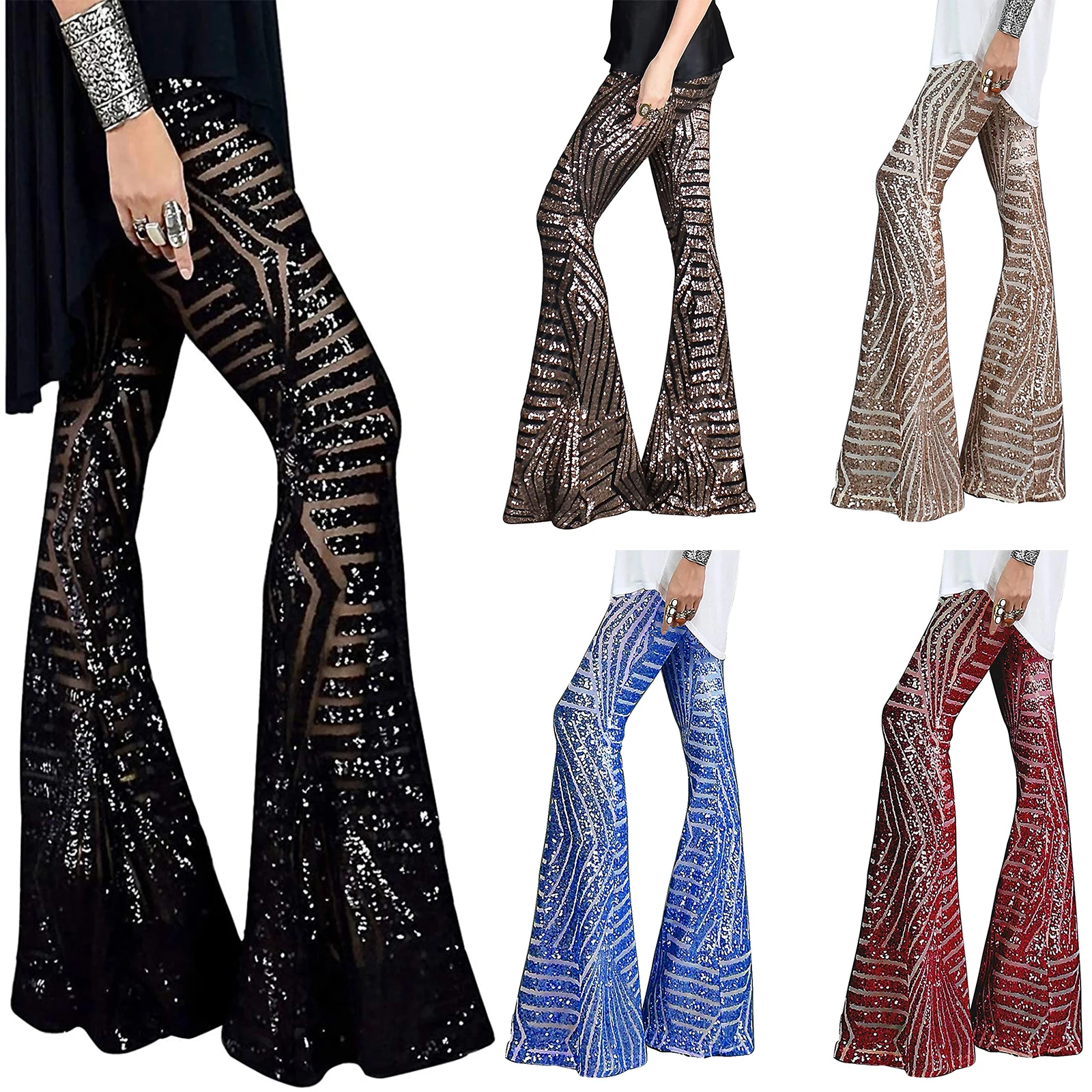 

Women Loose Wide-leg Pants Adults Casual High-waisted Sequin Trousers Black / Apricot / Brown / Red Blue Trousers Women