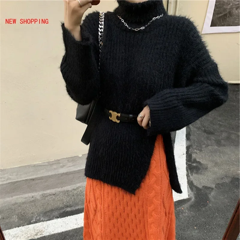 Fashion Fluffy Mohair Women's Sweater Turtleneck Black 2021 New Slit Design Mid-length Sweaters Elegant Chic Pullover Tops Loose
Fashion Fluffy Mohair Women's Sweater Turtleneck Black 2021 New Slit Design Mid-length Sweaters Elegant Chic Pullover Tops Loose