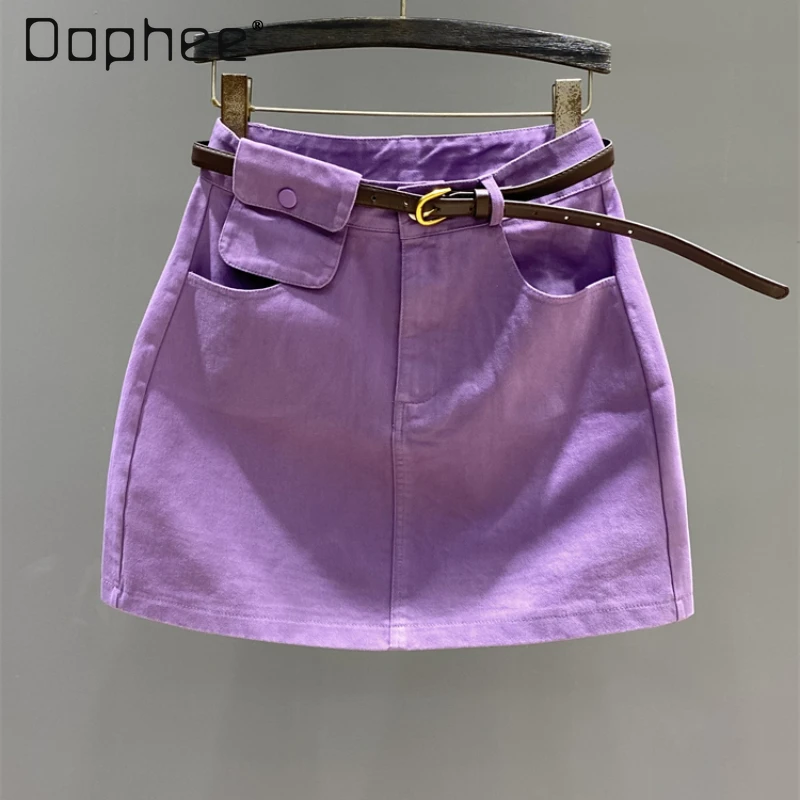 

Woman's Summer Purple Denim Short Skirt 2024 New Casual A- Line High Waist Anti-Exposure Lining Mini Sheath Jean Skirts Female