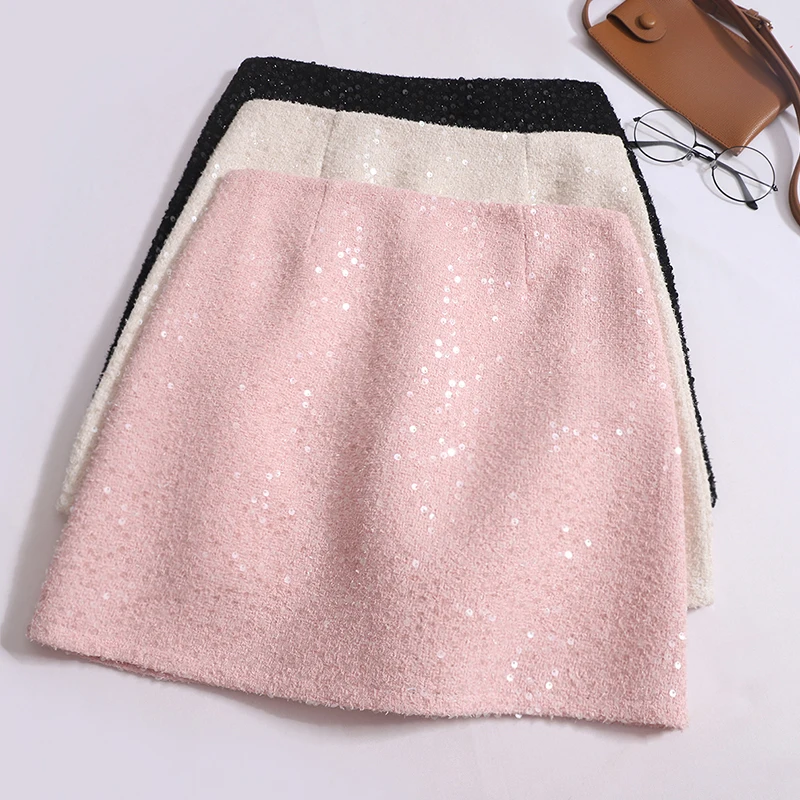 

Мини-юбка с завышенной талией и блестками для женщин, Новинка осени 2023, модная облегающая трапециевидная короткая юбка в Корейском стиле, элегантные юбки