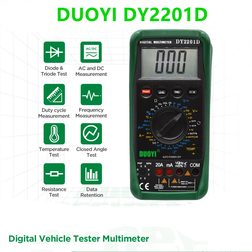 A+ DUOYI DY2201D Handheld Professional Digital Multimeter With Speed Conversion SensorNon-contact RPM Dwell Angle Frequency Temp
A+ DUOYI DY2201D Handheld Professional Digital Multimeter With Speed Conversion SensorNon-contact RPM Dwell Angle Frequency Temp