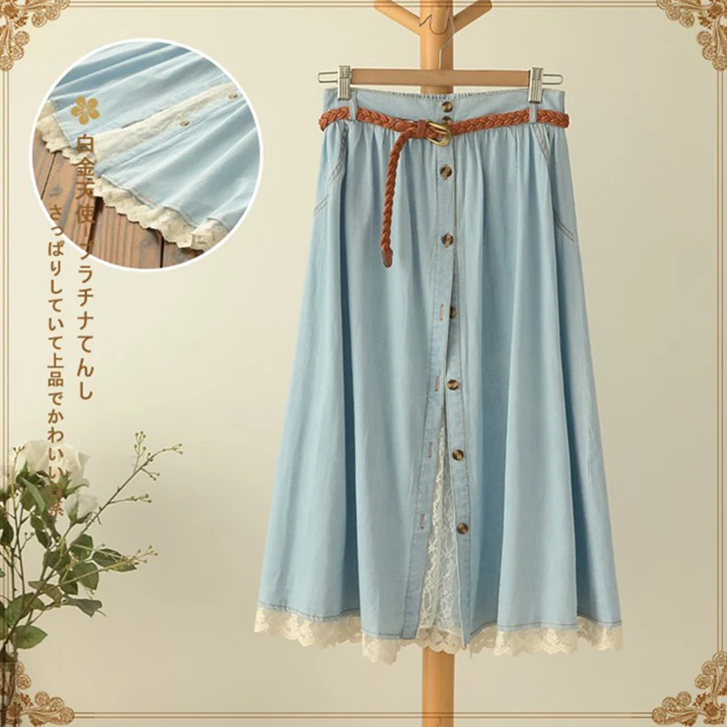 

Джинсовая юбка для женщин Mori Girl, Повседневная Милая юбка с поясом, Однотонная синяя кружевная юбка с подолом, Женская юбка до середины икры с высокой талией