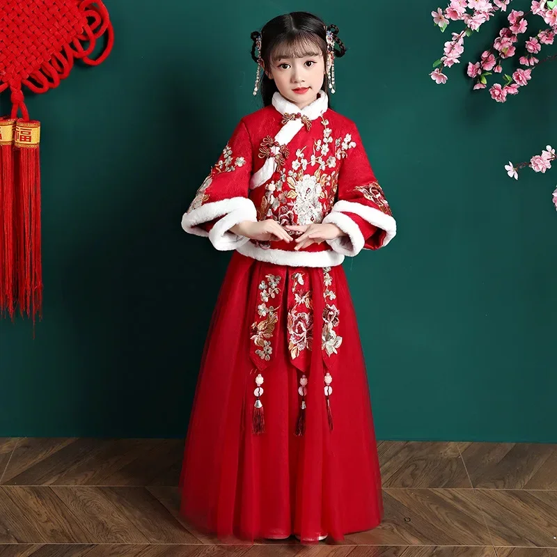 Winter Girls Hanfu Thickened Dresses Chinese Style Red Princess Dress Costume Super Fairy Children's Dress Floral Embroidery 
Winter Girls Hanfu Thickened Dresses Chinese Style Red Princess Dress Costume Super Fairy Children's Dress Floral Embroidery