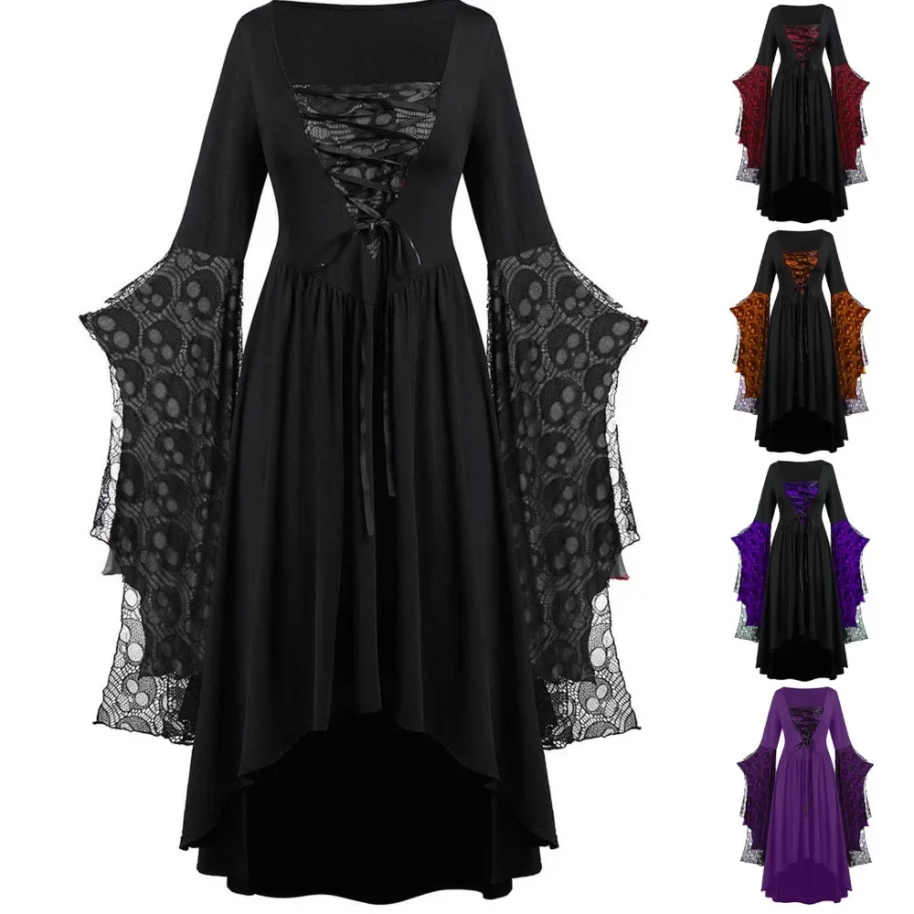 

Vintage Halloween Cosplay Costume Witch Vampire Gothic Dress Ghost Dresses Up Party Printed Medieval Ghost Bride Female Clothes