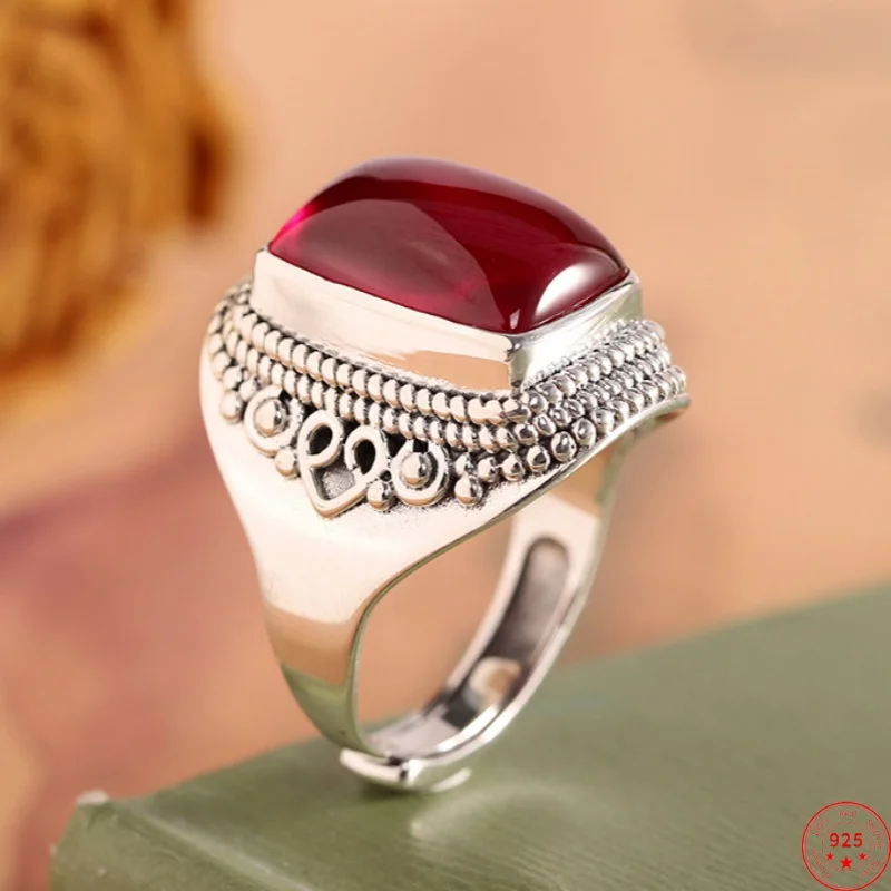 

S925 Sterling Silver Rings for Women New Fashion Palace Style Ancient Inlaid Red Corundum Simple Punk Jewelry Free Shipping
