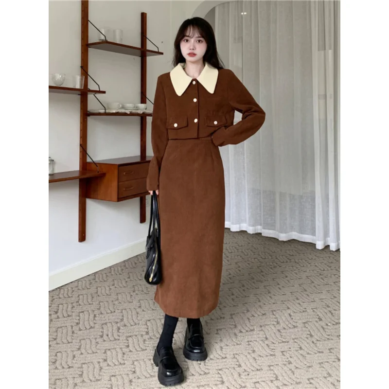 

Sandro Rivers Two piece sets womens outifits 2024 autumn corduroy short jacket skirt sets long sleeved top dress sets elegant wo