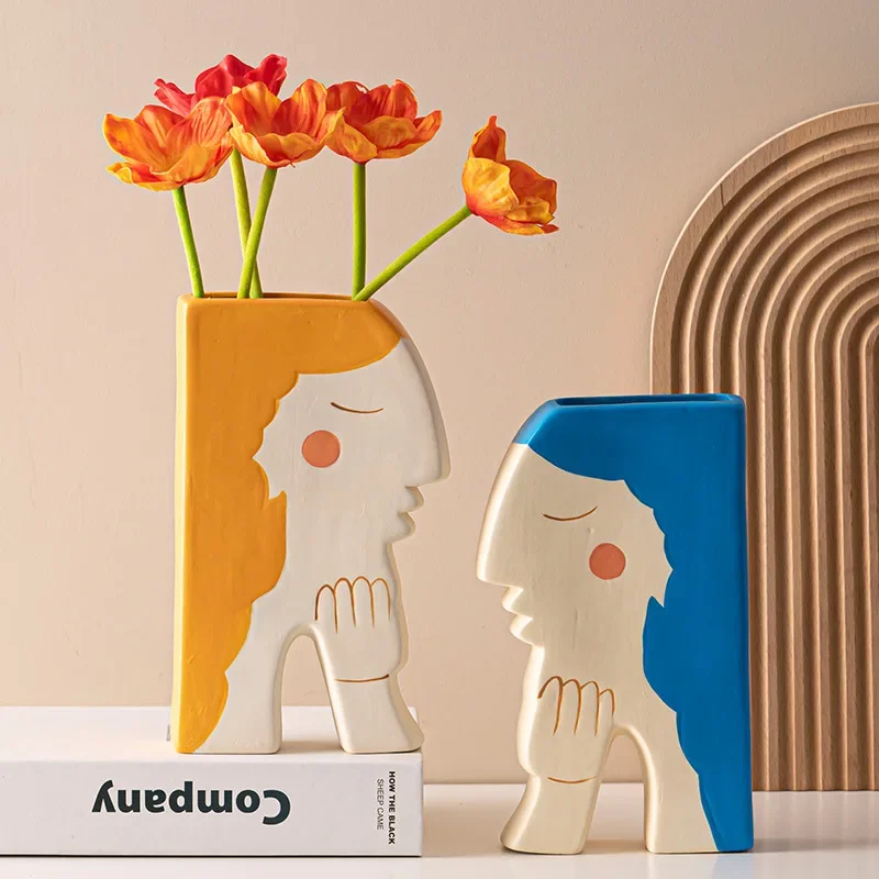 

Скандинавская креативная керамическая ваза с изображением лица, ручная роспись, домашний декор, гостиная, фигурка девушки, зерна, декоративные элементы
