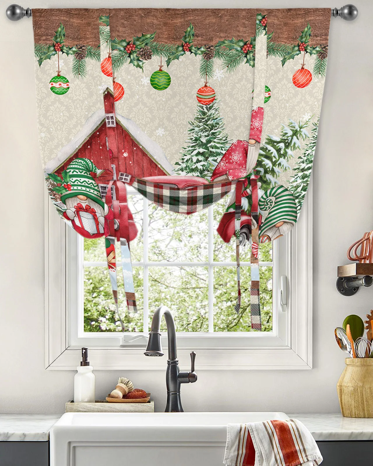 

Farm Christmas Elk Snowman Truck Gnome Window Curtain for Living Room Roman Curtain Kitchen Tie-up Curtains Adjustable Drapes