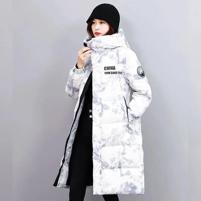 

New Quality Women's Long 90% White Duck Down Coat Winter Cold Warm Down Jacket Female Korean Print Thick Hooded Parker Overcoat