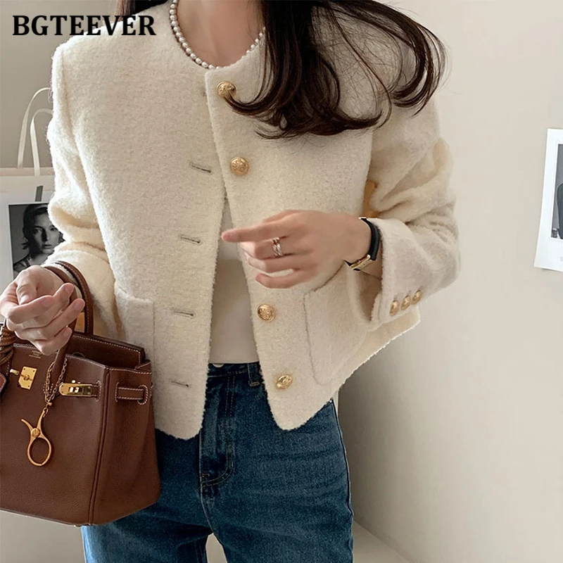 

BGTEEVER Elegant O-neck Warm Single-breasted Women Woolen Jackets Winter Long Sleeve Pockets Female Blend Coats