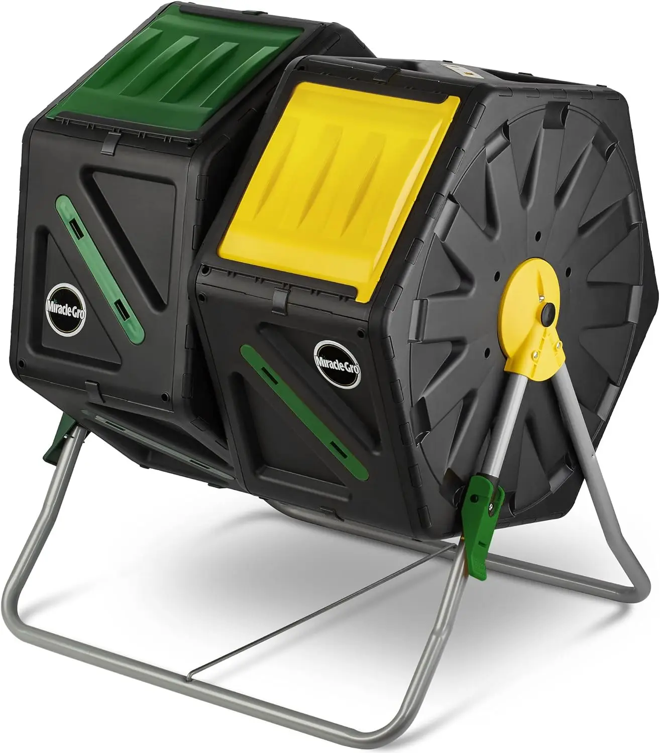 

Dual Chamber Compost Tumbler – Easy-Turn, Fast-Working System – All-Season, Heavy-Duty, High Volume Composter with 2 Sliding Doo