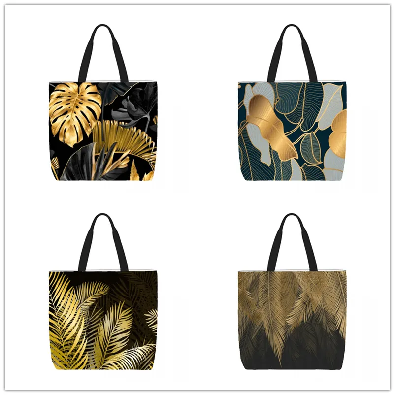 

Gold Leaf Customize Tote Bag Printed Traveling Shoulder Bags Eco Reusable Shopping Bags For Women with Print