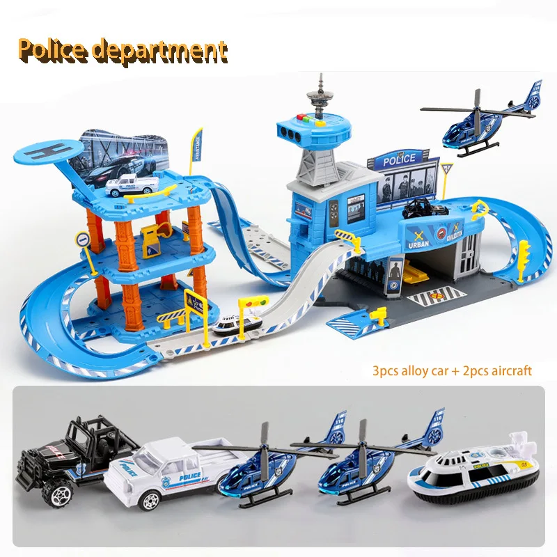 

1:64 Scale Parking Lot Toy Track Set Stop Engineering Police Fire Railway Car Garage Stroller Miniature Aircraft Model Boy Toys