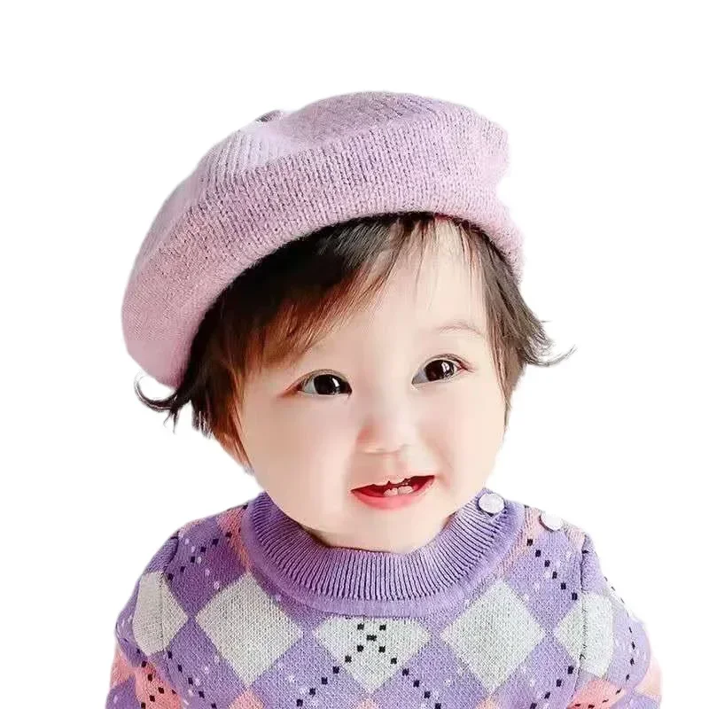 

Cute Baby Berets Wool Knitting Beret Hats French Flat Plaid Top Kids Autumn Winter Caps Versatile Soft Knitted Outdoor Warm Hat