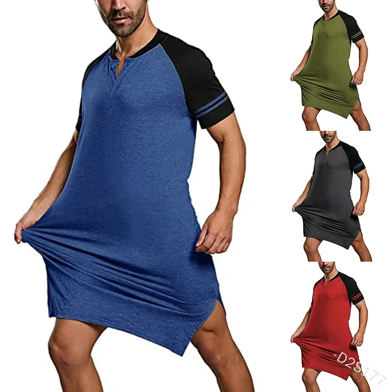 

2024 Mens Nightgown Fashion Patchwork Sleep Robe Solid Sleepwear Man Short Sleeve Bathrobe Loose V Neck Nightwear Onesie S-5XL