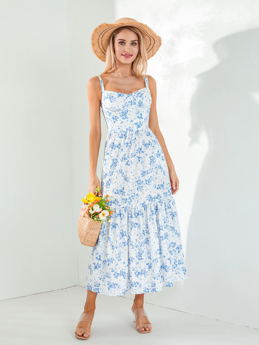 

Springcmy Women s Summer Midi Dress Casual Sleeveless Low Cut Floral Print Dress Flowy A-Line Going Out Sundress