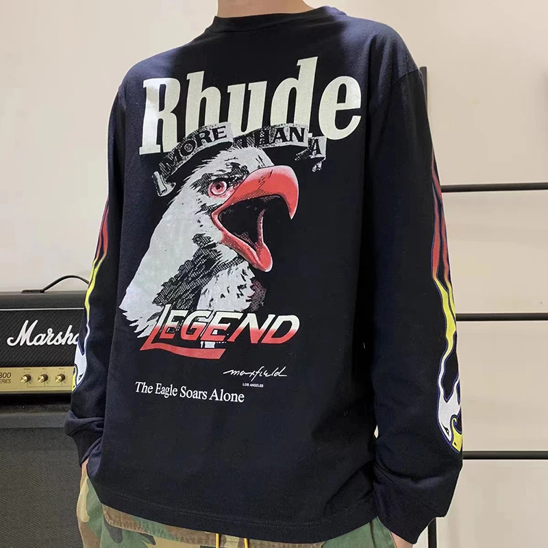 

High Quality RHUDE Los Angeles Limited Flame Eagle Long Sleeve T Shirt Men Women Tee Top Oversize Inside Tags