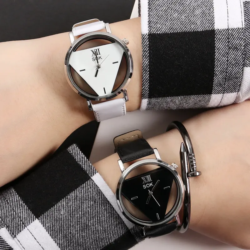 

Fashion Hollow Triangle Women Quartz Watches Simple Novelty and Individualism Creative Wrist Watch Black White Leather Clock