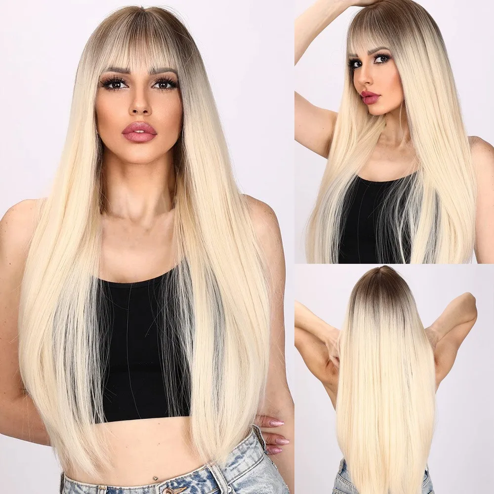 

SNQP Ombre White Gold Long Straight Wig with Bangs New Stylish Synthetic Hair Wig for Women Daily Cosplay Party Heat Resistant