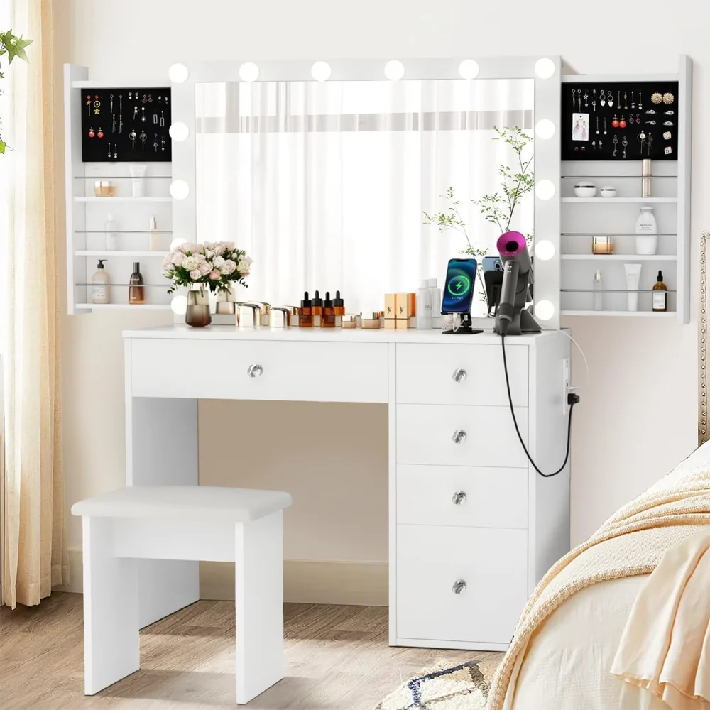 Makeup Vanity Desk with Lighted Mirror & Power Outlet & 5 Drawers, Vanity Table with 3 Lighting Modes, Vanity Set for Bedroom
Makeup Vanity Desk with Lighted Mirror & Power Outlet & 5 Drawers, Vanity Table with 3 Lighting Modes, Vanity Set for Bedroom