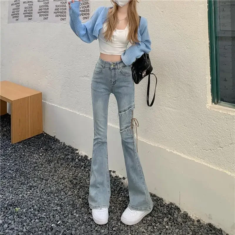 

With Pockets Black Trousers Flare Blue Bell Bottom Women's Jeans Flared Pants for Woman Harajuku Fashion Spring Clothing Denim A