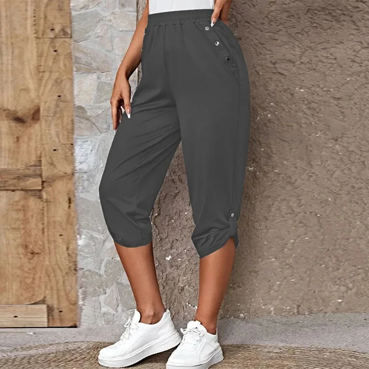 Women's Elastic Waist Crop Sweatpants Loose Fit Casual Summer Capris with Pockets Roll-Up Bottoms S-3XL 34 S5f9a764361324f3492e711ccb34f469ae