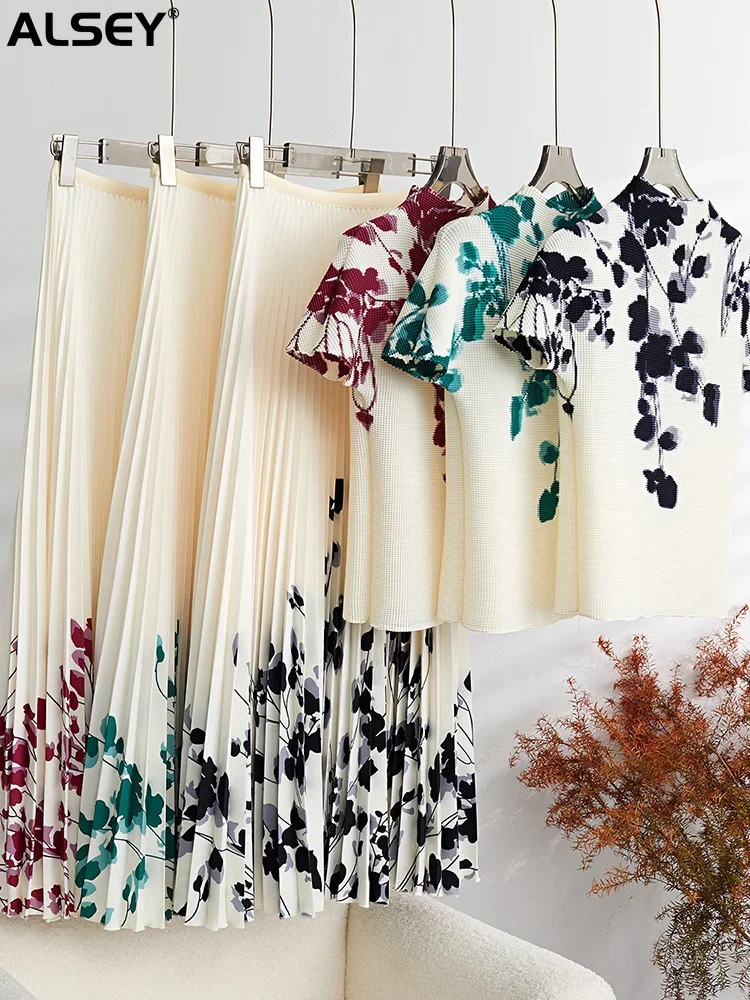 ALSEY Miyake Pleated Fashion Printed Retro two Pieces Set Short Sleeves Slim Tops+Elegant High Elastic Waist Fold Skirts
ALSEY Miyake Pleated Fashion Printed Retro two Pieces Set Short Sleeves Slim Tops+Elegant High Elastic Waist Fold Skirts