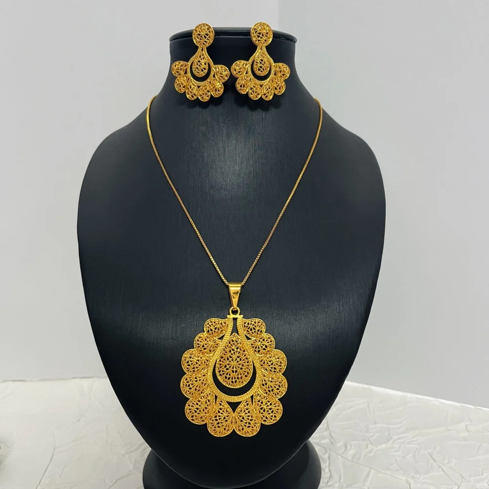 Dubai Fashion Women's Flower Sweater Long Necklace 24K Gold-Plated Middle Eastern Luxury Flower Earrings Copper Jewelry Two-Pieces 8 Mallzona S5f9e6c0cde844e05a5ca095c5bbbfdedT Dubai Fashion Women's Flower Sweater Long Necklace 24K Gold-Plated Middle Eastern Luxury Flower Earrings Copper Jewelry Two-Pieces Mallzona