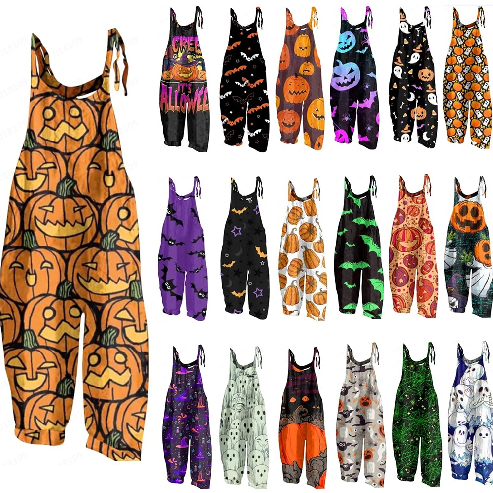 

American style 2023 Women's Halloween Overalls Pumpkin Printed Loose Fit Casual Playsuit Oversized Horror Cute Rompers Jumpsuits