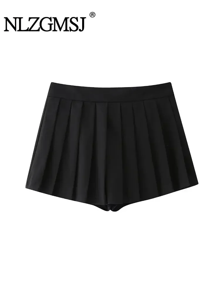 

Nlzgmsj TRAF Woman Black Pleated Mini Skort 2024 Street Chic Shorts Skirt Vintage High Waist A-line Skirt For Women Y2k Clothing