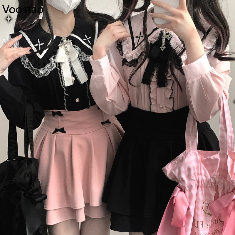 

Victorian Gothic Y2k Lolita Shirt Japanese Sweet Lace Ruffles Cross Sailor Collar Loose Blouses Women Cute Punk Long Sleeve Tops
