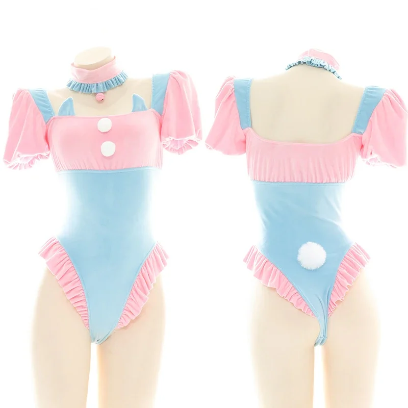 

Голубое розовое боди в стиле "Лолита" с пышными рукавами, милые купальники с кошачьими ушками и оборками, униформа японской школьницы для косплея «Sukumizu», горничная Прямая поставка