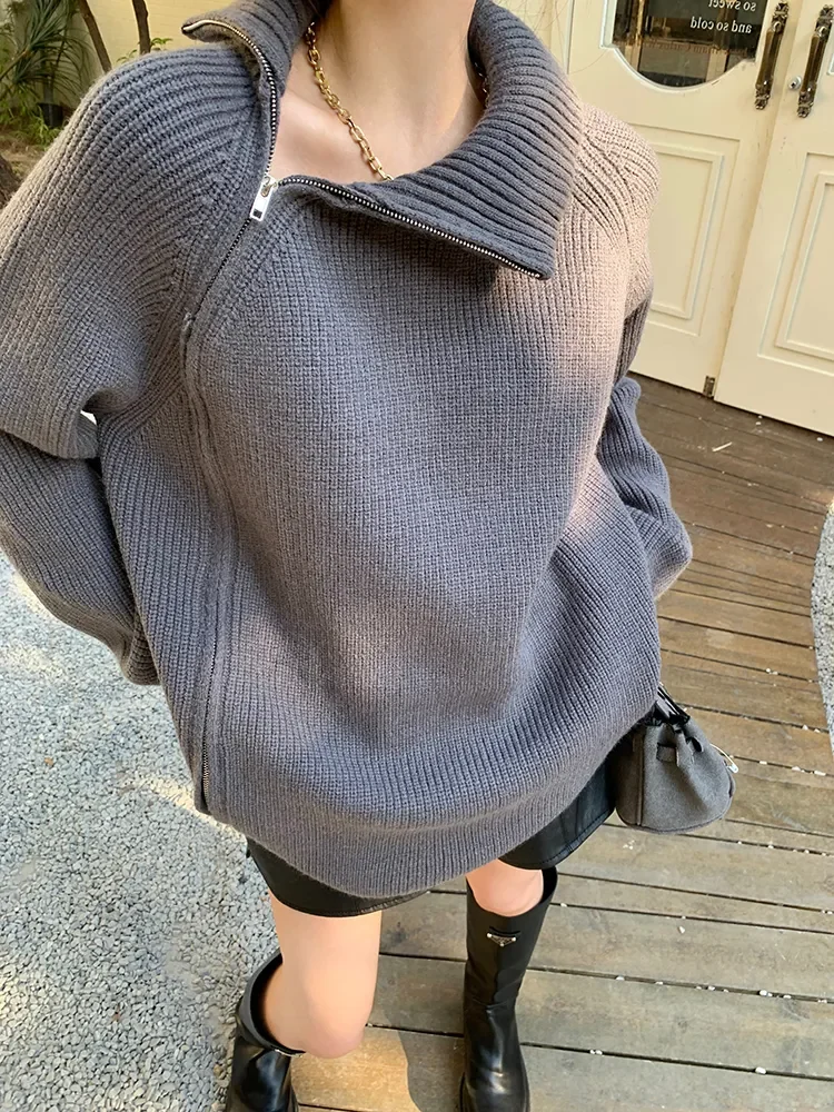

Водолазка женская с двойной молнией, повседневный длинный утепленный свитер свободного покроя, модный белый пуловер оверсайз в стиле ретро, PH163