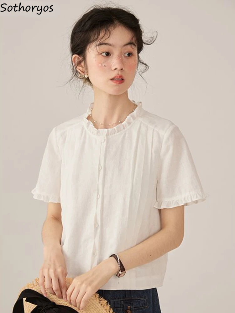 

Shirts Women Solid Simple Daily All-match Creativity Age-reducing New Students Japanese Style Prevalent Vintage Comfort Summer