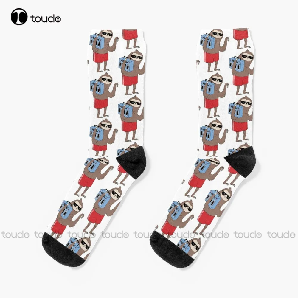 

Retro Sloth & Boombox Illustration Socks Womens Christmas Gift Unisex Adult Teen Youth Socks Custom 360° Digital Print Women Men