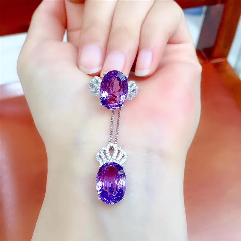 

Natural Amethyst Ring Pendant Necklace Set Bird's Nest Cut Amethyst Jewelry Women's Party Wedding 9 Carat Crown Shaped