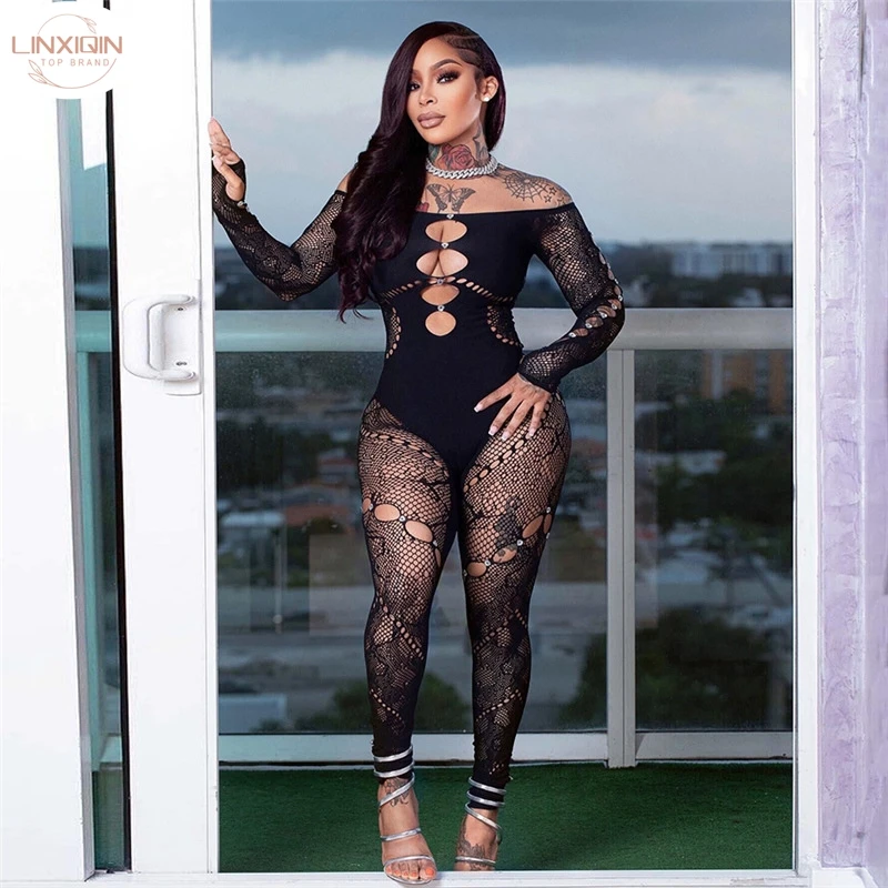 

LINXIQIN Rhinestone Embellished Women Jumpsuit Backless Halter Hollow Sheer Sexy Slim One Pieces Bodycon Hottie Party Clubwear