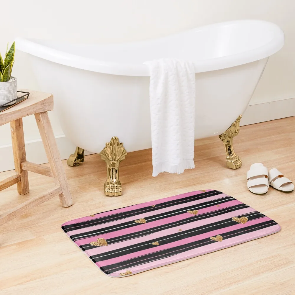 

Pink Black Stripes with Golden Hearts Bath Mat Absorbent Rug Bathroom Floor Carpet For Bath Mat