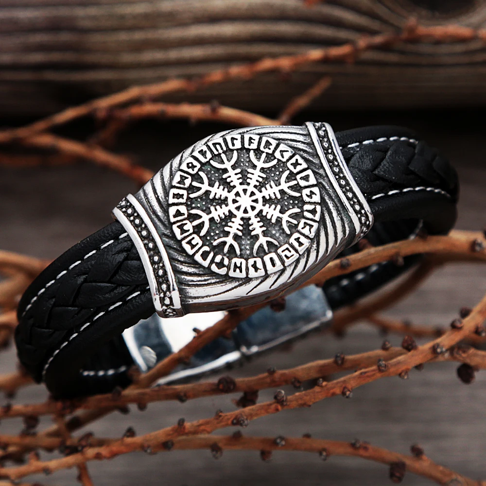 

Vintage Viking Compass Bracelet Men's Stainless Steel Leather Rope Nordic Rune Bracelet Valknut Amulet Jewelry Gift Wholesale