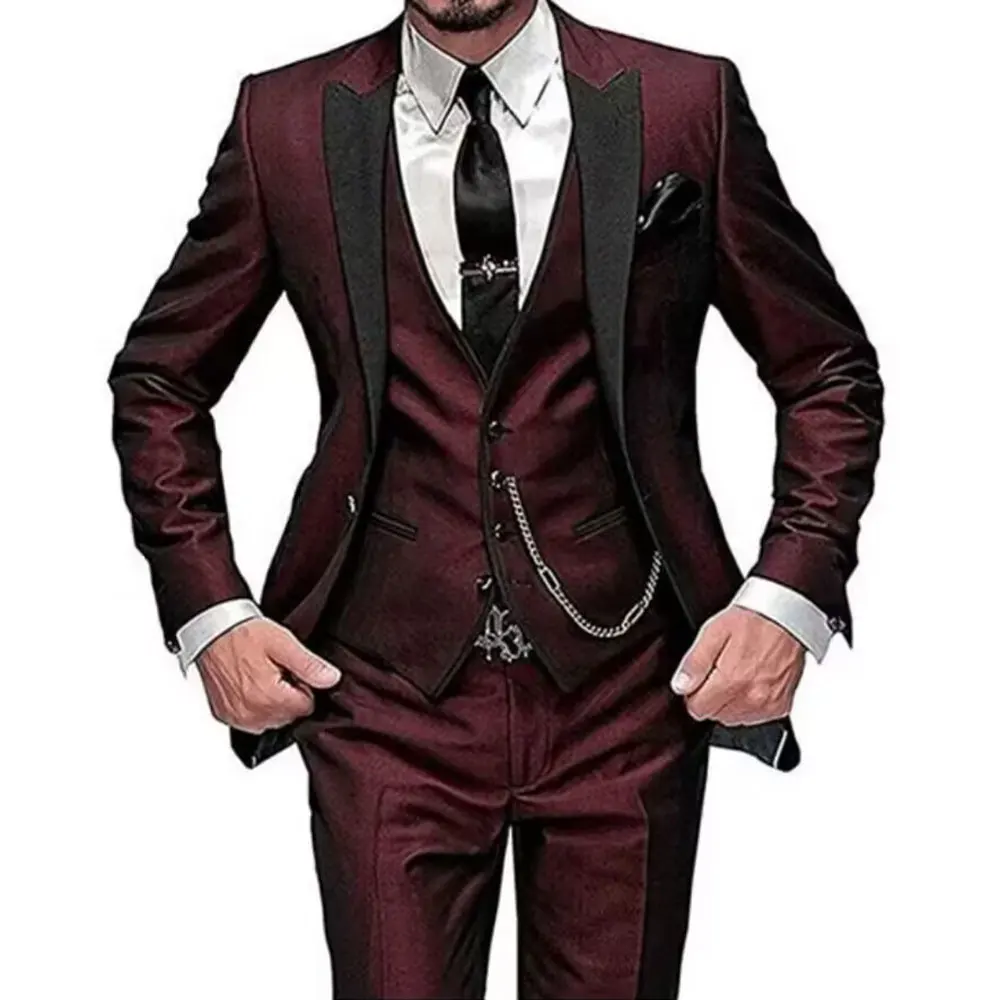 

DV065 Custom Made Men's Suit 3 Pieces Burgundy Tuxedos Gentleman Wedding Suits Notch Lapel Groom Terno (Jacket +Vest +Pants )