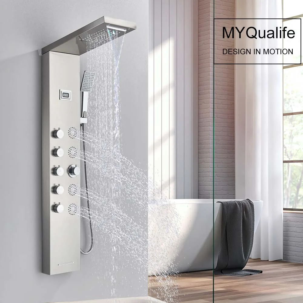 

Shower Panel Waterfall Rain Shower Faucet Set SPA Massage Jet Bath Shower Column Temperature Display Mixer Tap Tower