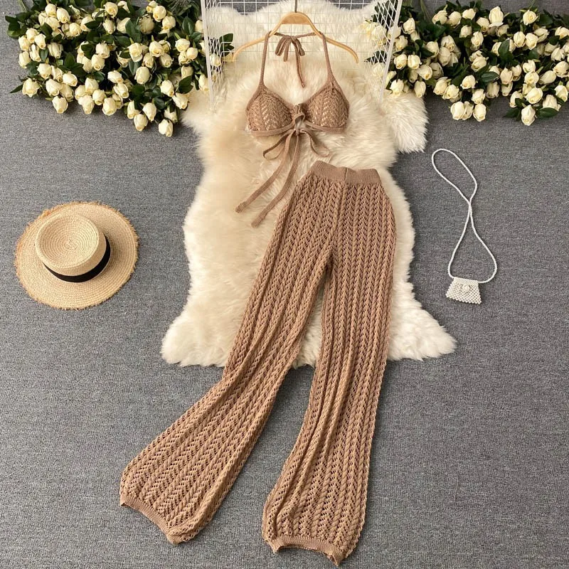 Seashore vacation suit sexy hang neck strapless laces blouse hollow out knitting wide leg pants two-piece set
Seashore vacation suit sexy hang neck strapless laces blouse hollow out knitting wide leg pants two-piece set