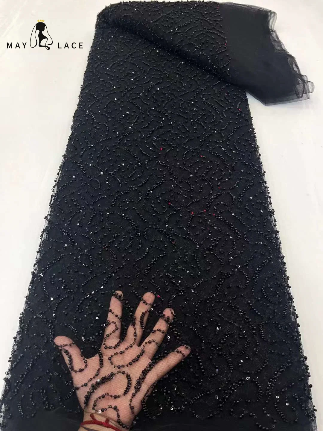 

May Lace 5Yards Black African Beaded Lace Fabric 2023 High Quality French Tulle Lace Nigeria Groom Material For Wedding Party