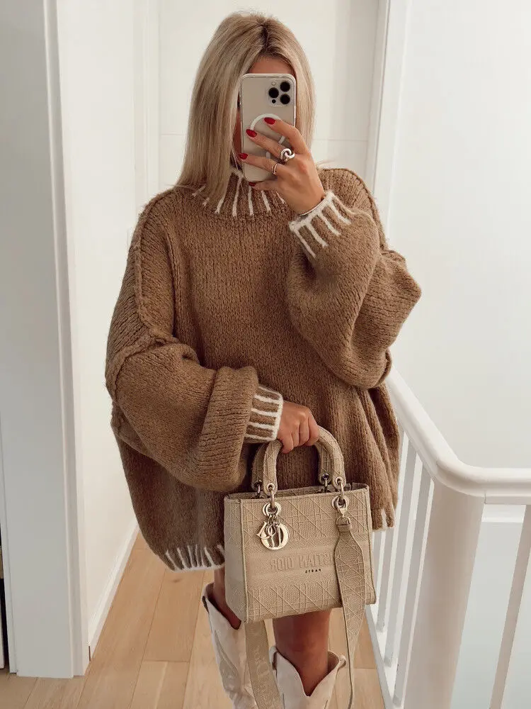 

Line Patchwork Turtleneck Sweater For Women Fashion Oversize Long Sleeve Knitwear Tops 2024 Autumn Winter Chic Lady Pullover