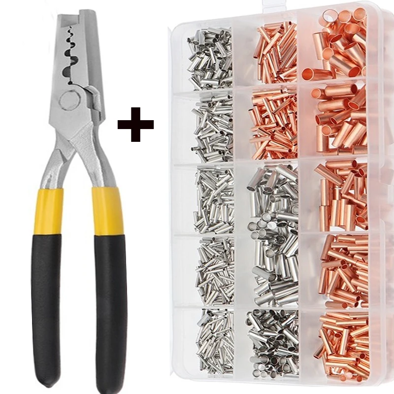 

970pcs Copper Connecting Pipe Wire Joint Small Copper Tube Terminal Cable Lug Bootlace Ferrule Kit With Heat Shrink Tube Plier